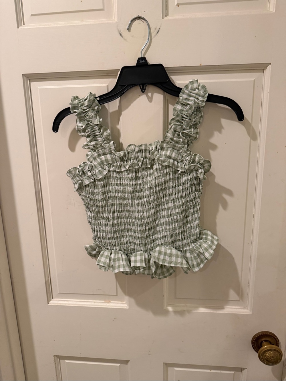 American Threads Sage Green Gingham Smocked Ruffle Crop Top Size M